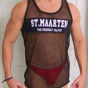 Black Fishnet Tank Top Jock Unisex Beach CoverUp M